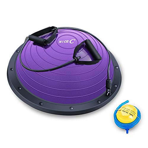 Nice C Balance Ball Balance Coach: The Ultimate Half Ball with Resistant Band for Strength Exercise, Fitness, Yoga, and More - Comes with Foot Pump (Purple).